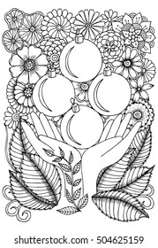 Party balls and hands in black and white for coloring. Xmas illustration for adult coloring book