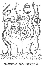 Party balls and hands in black and white for coloring. Xmas illustration for adult coloring book