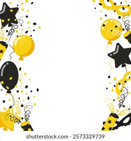 Party banner with balloons, confetti and masquerade mask on white background. Copy space. Vector illustration for poster, invitation, print.