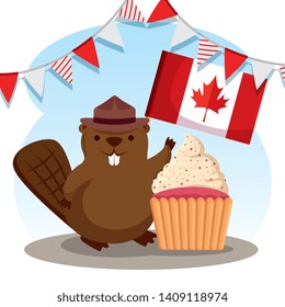 party banner and beaver with flag and muffin