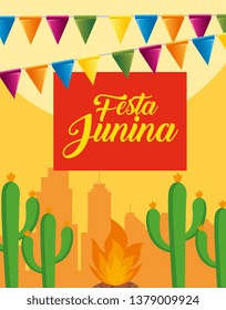 party banner with cactus plants and wood fire