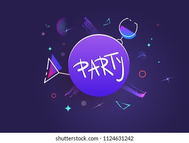 Party banner with circular label. Horizontal flyer for holiday design with shine geometric decorative elements. Card for social media invitation. Poster with creative lettering. Vector illustration.
