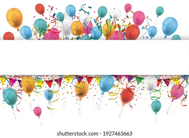 Banner de partido con globos de colores, festones y confeti. Archivo vectorial Eps 10.