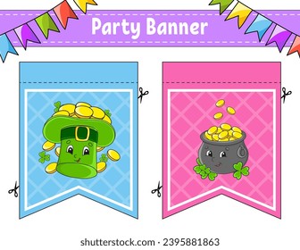 Party banner. With cute cartoon characters. For holidays, birthday, festive. Vector illustration.