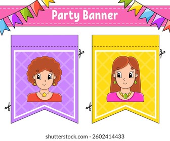 Party banner. With cute cartoon characters. For holidays, birthday, festive. Vector illustration.