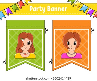 Party banner. With cute cartoon characters. For holidays, birthday, festive. Vector illustration.