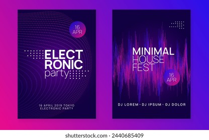 Party Banner. Dance Electro Template. Concert Invite. Dj Poster. Psychedelic Disco Illustration. Blue Sound Design. Violet Night Club Magazine. Pink Party Banner