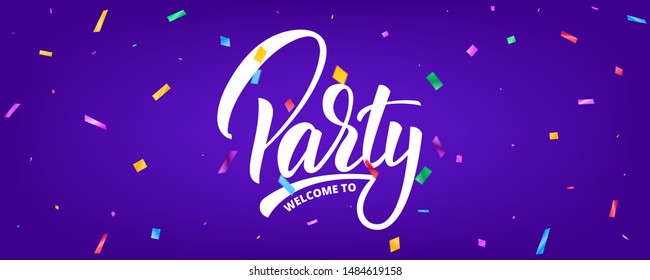 Party banner design with confetti and lettering. Holiday background template.