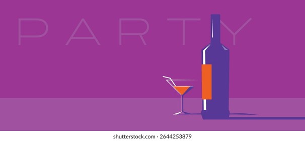 Party banner, festival flyer, wine tasting, flat illustration wine bottle, glass. Alcohol recreation, drinking, restaurant menu, sommelier, wine shop poster