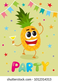 Party banner, flayer, invitation template with cartoon pineapple fruit character having fun, drinking, vector illustration. Funny pineapple fruit with human face, flags and confetti, party flyer