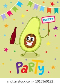 Party banner, flayer, invitation template with cartoon avocado fruit character having fun, drinking, vector illustration. Funny avocado fruit with human face, flags and confetti, party flyer design