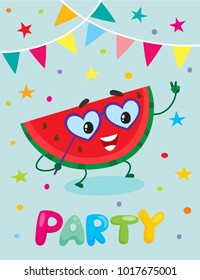 Party banner, flayer, invitation template with cartoon watermelon fruit character having fun, vector illustration. Funny watermelon fruit with human face, flags and confetti, party flyer design