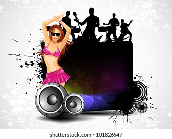 Cartel de la fiesta, volante o afiche con brillantes altavoces y una chica sexy bailando. EPS 10. Ilustración vectorial.