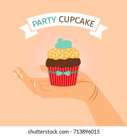 Party banner with hand holding cupcake, vector illustration