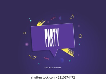 Party banner. Horizontal violet flyer for holiday design with geometric decorative elements. Card for social media.  Vector illustration.