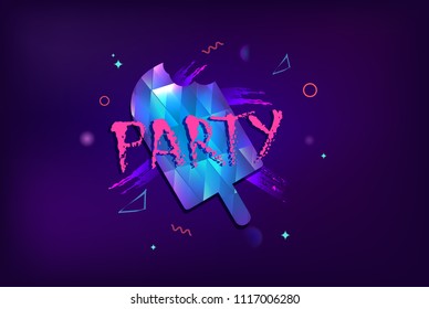 Party banner with ice cream. Horizontal flyer for holiday design with shine and geometric decorative elements. Card for social media invitation. Poster with creative lettering. Vector illustration.