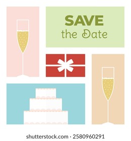 Party banner with iconic flat illustrations over colorful rectangles. Multipurpose clean vector minimalist modern art concept banner design with glass of champagne, gift and cake.