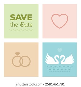Party banner with iconic flat illustrations over colorful squares. Multipurpose clean vector minimalist modern art concept banner design with heart, wedding rings, save the date text and swans