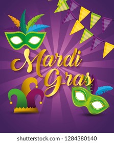 party banner with masks and hat to mardi gras