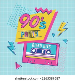 90’s party banner. Retro music poster, 90s tape cassette in funky colorful design. Memphis music parties, disco hits advertising, audio poster. Vector illustration