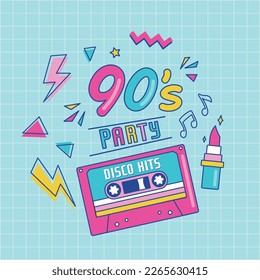 90’s party banner. Retro music poster, 90s tape cassette, lipstick in funky colorful design. Memphis music parties, disco hits advertising, audio poster. Vector illustration