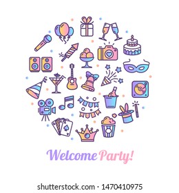Party Banner Round Design Template Thin Line Icon Concept for Marketing and Advertising Happy Celebration. Vector illustration