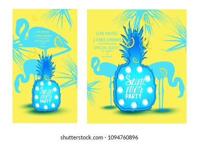 Party banner with silhouettes of flamingos  and pineapple shaped light box. Vector illustration