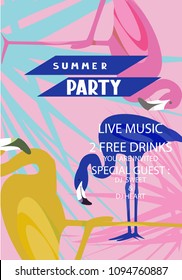 Party banner with silhouettes of flamingos and tropical leaves. Vector illustration