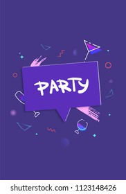 Party banner with speech bubble and wineglass shapes. Flyer for holiday design with shine geometric elements. Card for social media invitation. Poster with creative lettering. Vector illustration.