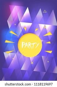 Party banner with sun shape. Vertical flyer for holiday design with shine and geometric decorative elements. Card for social media invitation. Poster with creative lettering. Vector illustration.