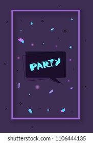 Party banner. Vertical event flyer for holiday design with frame, speech bubble and decorative elements. Dark card for social media invitation. Vector illustration.