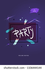 Party banner. Vertical event flyer for holiday design with frame and decorative elements. Dark card for social media invitation. Vector illustration.