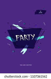 Party banner. Vertical event flyer for holiday design with geometric composition and decorative elements. Dark card for social media invitation. Vector illustration.