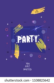 Party banner. Vertical event flyer for holiday design with geometric decorative elements and creative lettering. Vector illustration.