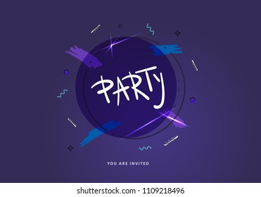 Party banner. Vertical event flyer for holiday design with geometric decorative elements and creative lettering. Vector illustration.