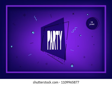 Party banner. Vertical event flyer for holiday design with geometric decorative elements and creative lettering. Vector illustration.
