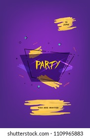 Party banner. Vertical event flyer for holiday design with geometric decorative elements and creative lettering. Vector illustration.