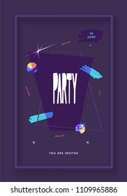 Party banner. Vertical event flyer for holiday design with geometric decorative elements and creative lettering. Vector illustration.