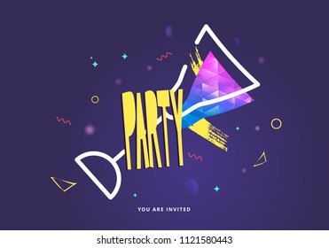 Party banner with wineglass shape. Poster for holiday design with shine and geometric decorative elements. Card for social media invitation. Flyer with creative lettering. Vector illustration.