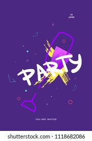 Party banner with wineglass shape. Vertical flyer for holiday design with shine and geometric decorative elements. Card for social media. Poster with creative lettering. Vector illustration.
