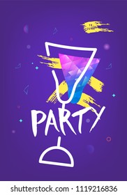 Party banner with wineglass shape. Vertical flyer for holiday design with shine and geometric decorative elements. Card for social media. Poster with creative lettering. Vector illustration.