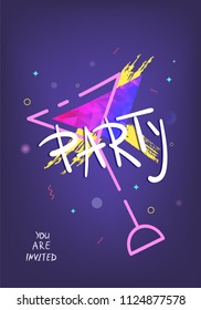 Party banner with wineglass shape. Vertical flyer for holiday design with shine and geometric decorative elements. Card for social media. Poster with creative lettering. Vector illustration.