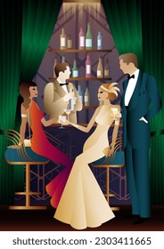 The party at the bar in the style of the early 20th century. Retro party vector illustration. Art Deco style.