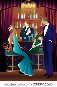 The party at the bar in the style of the early 20th century. Retro party vector illustration. Art Deco style.