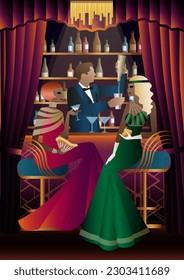 The party at the bar in the style of the early 20th century. Retro party vector illustration. Art Deco style.