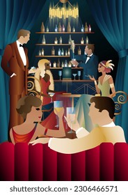 The party at the bar in the style of the early 20th century. Retro party vector illustration. Art Deco style.