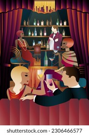 The party at the bar in the style of the early 20th century. Retro party vector illustration. Art Deco style.