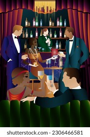 The party at the bar in the style of the early 20th century. Retro party vector illustration. Art Deco style.
