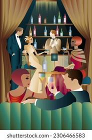 The party at the bar in the style of the early 20th century. Retro party vector illustration. Art Deco style.