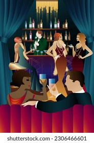 The party at the bar in the style of the early 20th century. Retro party vector illustration. Art Deco style.